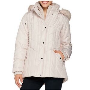 Susan Graver Quilted Jacket with Removable Faux Fur Trimmed Hood size large